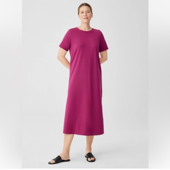 Eileen Fisher 100% Pima Cotton Stretch Jersey Crew Neck Dress Medium - Picture 2 of 9